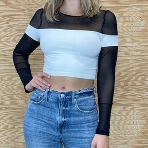 Long Sleeve Mesh Crop Top - Black and White